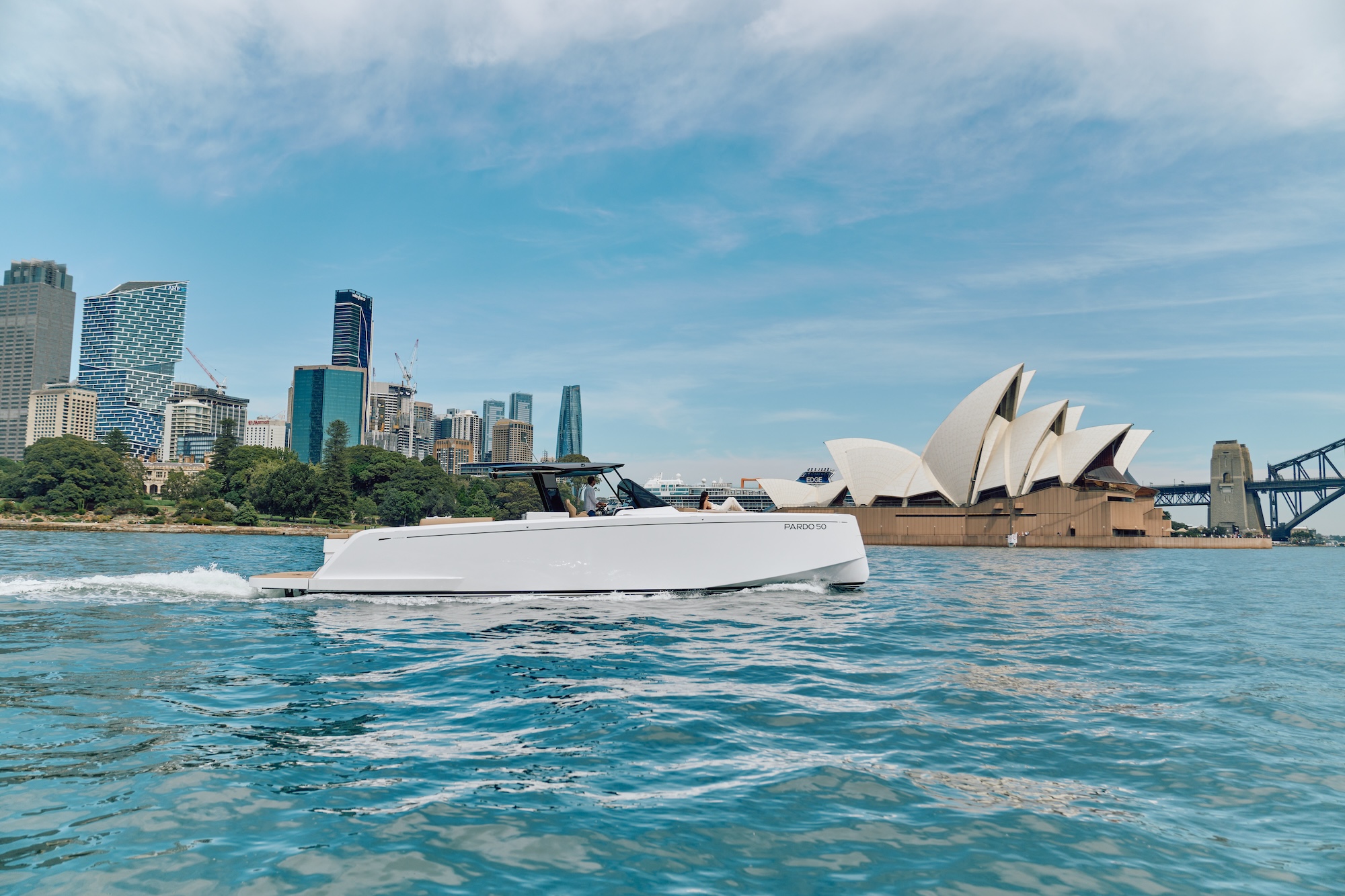 Driving the Pardo 50 yacht on the water with Sydney Opera house in the background